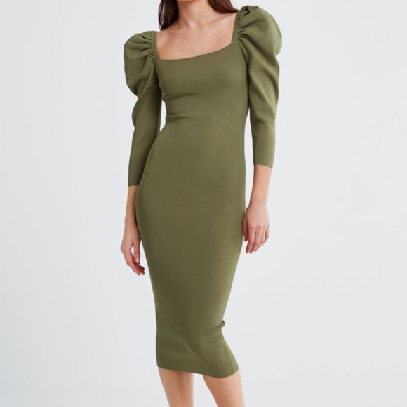 Zara Dresses & Skirts - Zara New Knit Puff Sleeve Dress Midi Olive Green